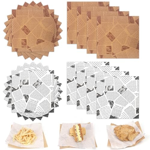 GXFCING 200 Greaseproof Paper Sheets, 10 x 10 inch Old Newspaper Printing Style Oil Proof Paper Food Basket Liner Deli Paper, Bread Sandwich Burger Kebab Chip Cake Cookie Wrap Paper