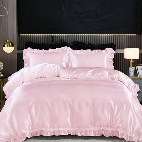 Guchuang Bedding Pink Silk Bedding Set with Ruffle Duvet Cover King Size 3 Pieces Luxury Smooth Microfiber Quilt Cover with 2 Pillowcases 220x230cm