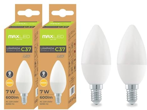 Maxled, Light is Led! Pack 2 Bombillas LED Vela C37 E14 7W Equivalente a 50W Blanco Cálido 3000K 600 Lúmenes Bombillas E14 LED C37 Vela con Casquillo Fino Apertura de Luz 200° 230V CRI80 No Regulable
