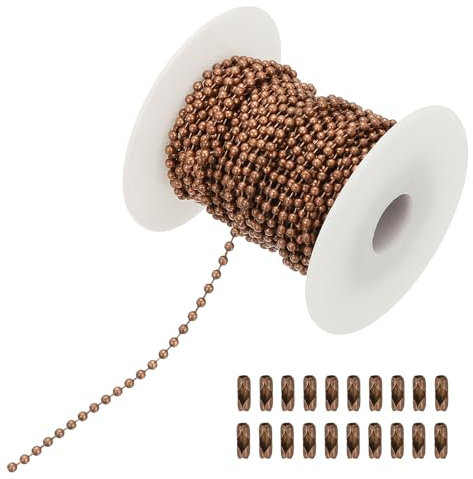 PATIKIL 10m/32.8ft Catena a Sfera con Perline, Catena di Trazione in Acciaio Inossidabile da 2.4mm con 20 Connettori per Catena di Etichette, Anelli Portachiavi, Rame