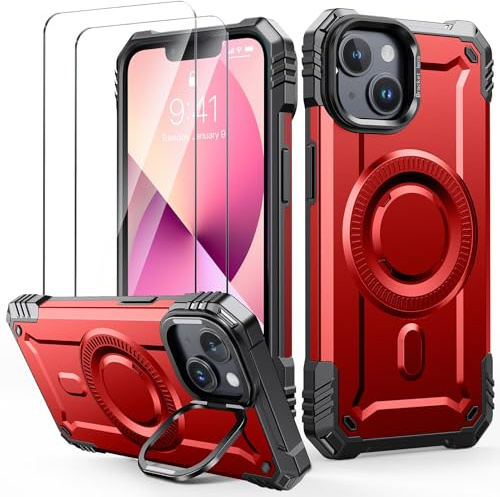 Lanhiem Cover per iPhone 13 / iPhone 14, per Magsafe con Supporto, Rosso | Protezione Completa del Corpo a 360°con 2 Vetro Temperato, Militare 14FT Antiurto Resistente, Custodia per iPhone 14 / 13