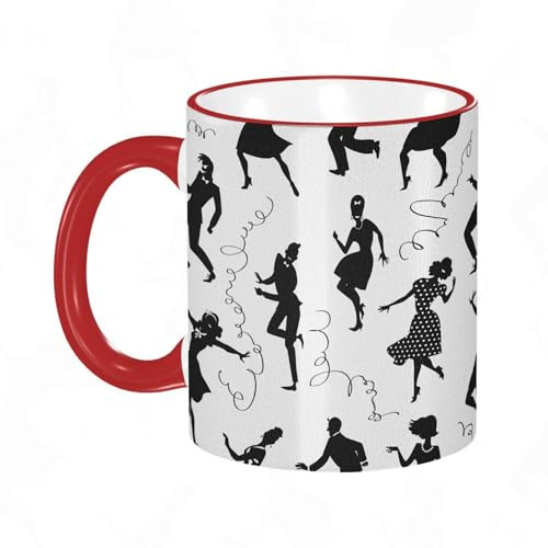 KDWJS Taza divertida de cerámica de 11 onzas,Tazas Originales de Desayuno - Graciosos Ideas para Regalos - Cerámica 330 ml - Patrón con siluetas negras de personas bailando en estilo retro sin objet