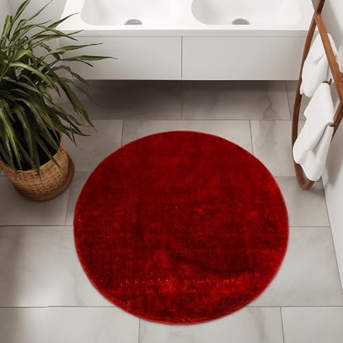 AKCILA Malmo Rot Teppich mit Glanz Runden 140 cm Shaggy Badematten & Badteppiche Badezimmerteppich Bad Vorleger waschbar rutschfest Bathroom Rug dusche Teppich Badmatten Schlafzimmerteppich