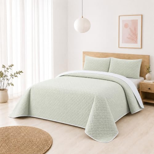 BESCH Colcha Boutis para Primavera y Verano con Relieve Trenzado de Color Lima Claro + 2 Funda Cojin 50x70 cm - Cubrecama Ligera Fina Entretiempo Extra Suave y Transpirable (Cama 135, 220x260cm)