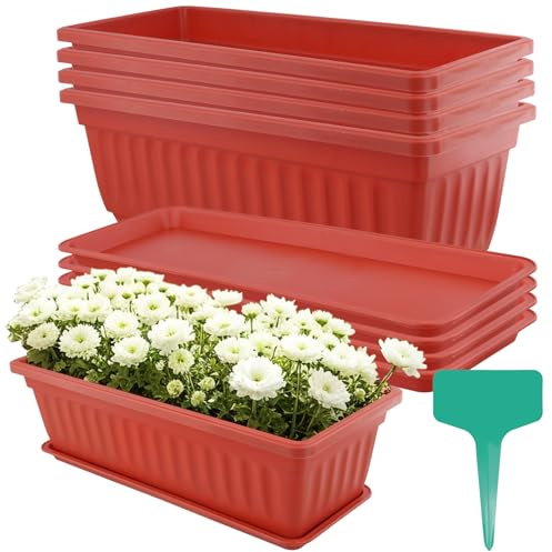 CHUEN 5 stycken blomlådor röd med underlägg, 43 x 18 x 14 cm planteringslåda plast med 25 gröna etiketter, rektangulära fönsterbräda, blomlådor för balkong, trädgård