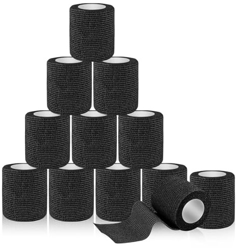 Muyohix 12 Rolls Self-Adhesive Bandage(5 cm x 4.5 m), Selbstklebender Verband, Haftbandage Selbstklebend, Elastische Binde,Geeignet für Stretch Sportler, Handgelenk, Fingern, Pet-Schwarz