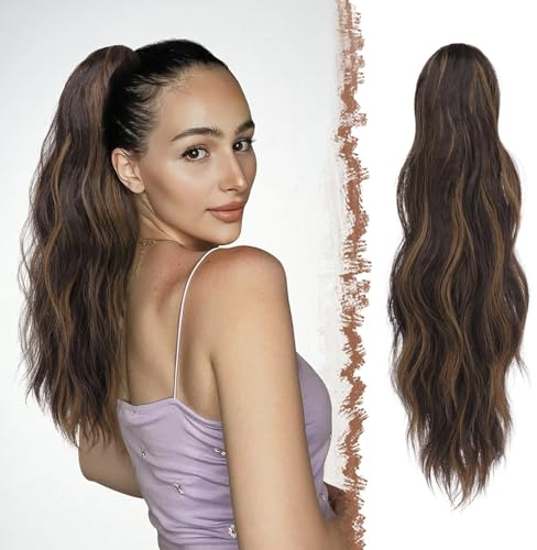 FESHFEN Ondulato Coda Capelli Extension Pinza, Coda Extension con Pinza Posticcio 50 cm Clip Coda di Cavallo Ondulata Estensioni dei Capelli Sintetici per Donne, Castano Nero Misto Castano Chiaro