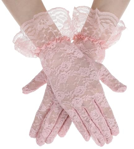 Women Lace Gloves Elegant Wedding Gloves Short Tea Party Glove Courtesy Glove for Opera Evening Wedding Tea Party Prom 1920s (Pink)