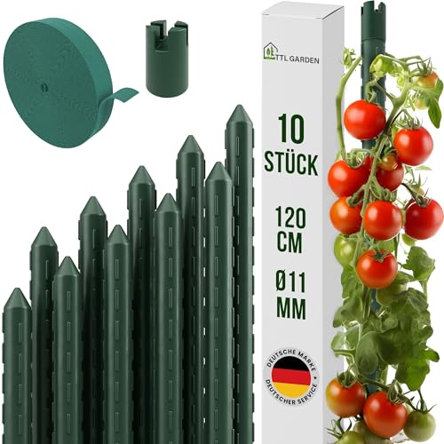 TTL GARDEN Rankstäbe 10er Set 120cm x 11mm Ø grün - Rankhilfe + Klettband | - Pflanzstäbe Stahl rostfrei kunststoffbeschichtet Pflanzenstütze Blumenstütze für Tomaten Paprika Gurken Bohnen & Blumen