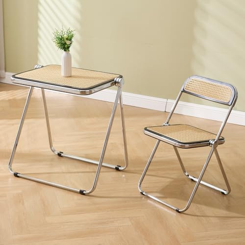 Ya-Home 2 Pieces Rattan Table Set of 2 Foldable Dining Room Set, Retro Space Saving 1 Table and 1 Chair Set Garden/Bistro/Aparment, Beige