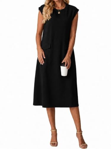 QIXING Womens Sleeveless Summer Knee Length Dress Round Neck Wrinkle-Free Midi Dress with Pocket