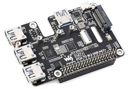 PCIe to M.2 NVMe and USB 3.2 Gen1 HAT+ for Raspberry Pi 5, Supports 2230–2280 SSD, Bootable NVMe Storage, 4-Port USB Expansion, Plug and Play PCIe Adapter Board