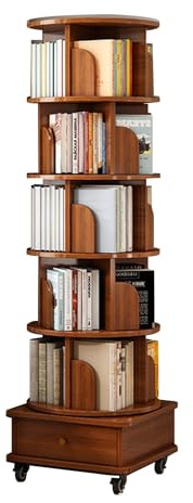 Conslika Drehbares Bücherregal, Wohnzimmerregal, Schülerregal, mit Schubladen, herausnehmbar, Eckschrank, 6 Etagen(Walnut)