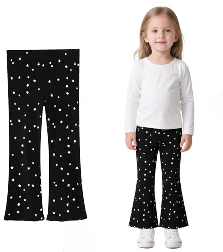 Domueay Leggings Acampanados para Niña Algodón Pantalones Niñas Suaves y Transpirable Mallas Elásticas Deportivas para Ballet Correr Legging con Estampado Estrellas Infantil Ropa 6-7 Años, Negro