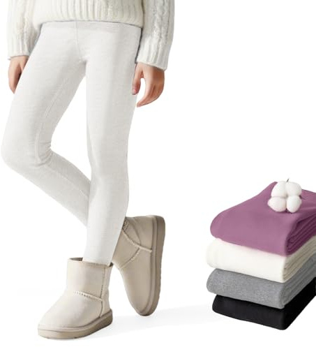 Baogaier Leggings Termici Invernali per Ragazze Foderati in Pile, Spesso Comodo Cotone Legging Vita Alta Felpati Lunghi Collant Caldi Pantaloni Bambina Abbigliamento, 10-12 Anni, Bianco