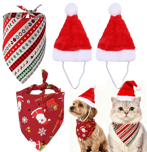 4 Stück Halstuch Hund Weihnachten, Bandana Hund Weihnachten | Weihnachte Druck HundE Halstuch, Haustier Dreieck Schal für Kleine Mittlere und Große Hunde Katzen