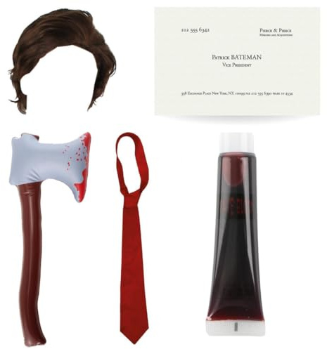 Psycho-Kostüm für Erwachsene, rote Krawatte, aufblasbare Axt, Visitenkarte und Kunstblut – Herren Psycho Patrick Bateman American TV Film Charakter Halloween Kostüm