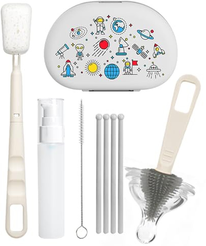 Kit di spazzole per biberon con griglia di stoccaggio, strumenti a setole morbide con spazzole per cannuccia e manici compatti per accessori per latte materno, tazze e capezzoli, collettori di pompe e