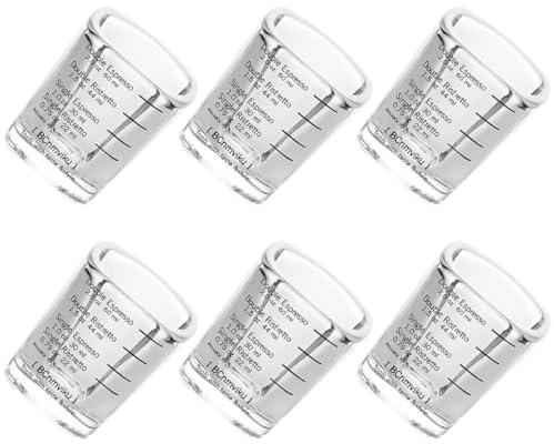 FIXOSHEE Tazze Misurino in Vetro Trasparente 60 Ml Scala Graduata per Espresso, Set 6 Pezzi, Strumento di Misura per Cucina e Bar, Riutilizzabili e Facili da Pulire