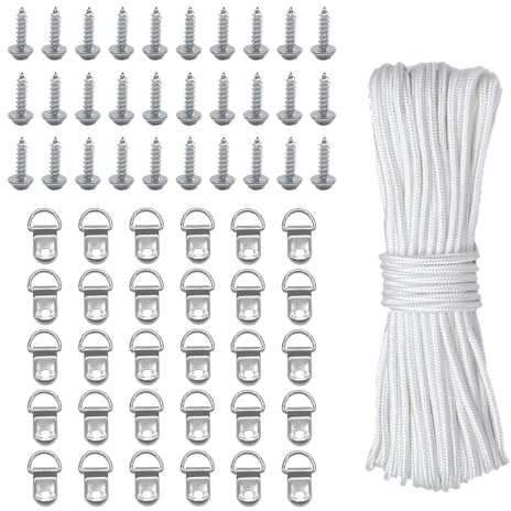 30 PCS D Rings for Picture Hanging String, 30 PCS Silver Screws, 20m Polyester Polypropylene Picture Hanging Cord, Adjustable Frame Hanger Kit for Multi-Faceted Photos, Mirrors, and Artworks