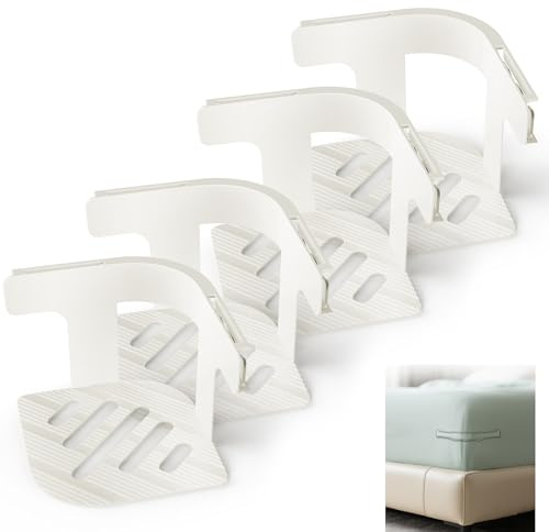 Juego de 4 Soportes de sábanas, Clips de Hoja con Cierre Antideslizante, Sistema de Fijación Antideslizante para Colchones, Mantas y Ropa de Cama - Blanco