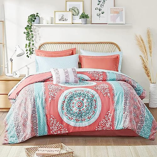Intelligent Design Complete Bed In A Bag Casual Boho Comforter with Sheet Set Decorative Pillow, All Season Bedding Set, Full, Loretta Coral 9 Piece