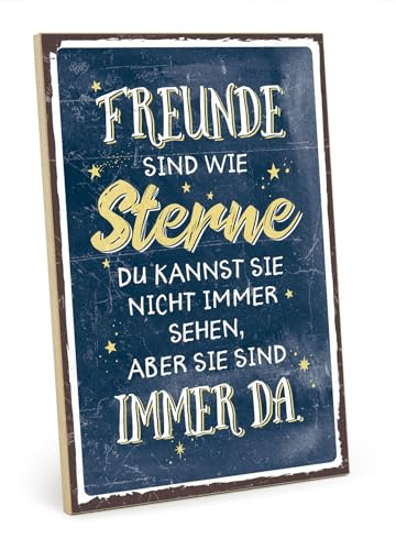 TypeStoff Holzschild mit Spruch – FREUNDE SIND WIE STERNE (blau-gelb) – im Vintage-Look mit Zitat als Geschenk und Dekoration zum Thema Freundschaft - HS-00407