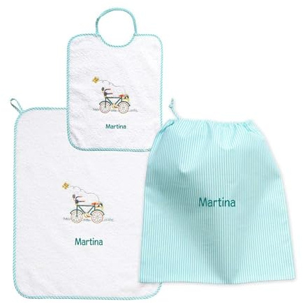 Coccole - Set Asilo Nido Personalizzato - Bavaglino, Sacca e Asciugamano - Kit Asilo Nido Personalizzato Bicicletta Verde - Set Nido Personalizzato Bimbo in Cotone