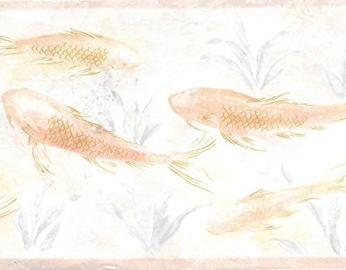 Dundee Deco BD6105 Tapeten Bordüre – nautische Perle, beige, rosa, hellgrüne Fische im Teich, Wandbordüre, Tapetenbordüre Retro-Design, 4,57 m x 22,86 cm
