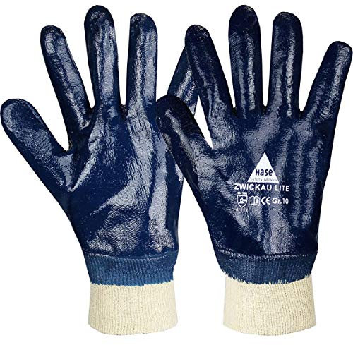 12 Paar Hase Safety Zwickau Lite Nitril-Arbeitshandschuhe vollbeschichtet, ölbeständige Nitrilhandschuhe mit Strickbund Größe XL