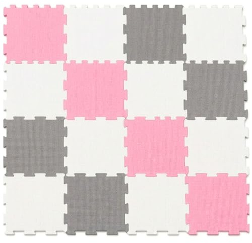 Kids Play Room Mat Newborn Crash Floor Matting Interlocking Soft Foam Puzzle Girl Birthday Xmas Gift (16pc (4 Pink+4 Grey+8 White), Pink)