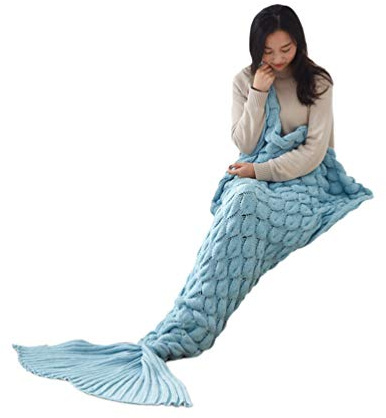 PengGengA Meerjungfrau Decke, Handgemachte Meerjungfrau Strickmuster Schlafsack, Personalisierte Handgemacht Gestrickt Warmes Sofa Decke Damen Mädchen Geburtstagsgeschenk (Himmelblau, 60 * 140CM)