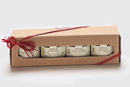 Miele Biologico Italiano non Pastorizzato Confezione Regalo di Cartone 4 Migon | Apicoltura Colle Salera (Eucalipto-Timo-Acacia- Agrumi)