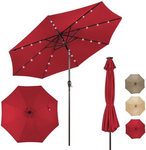 RELAX4LIFE Parasol Extérieur Dia.2,7m avec lumières LED Jaunes, Hauteur & Inclinaison Réglables, 8 Baleines en Fibre de Verre, Toit Ventilé,Parasol de Patio pour Plage, Parc, Cour (Rouge)