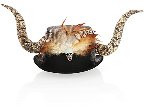 com-four® Voodoo-Hut, Kopfbedeckung für Fasching, Halloween | schwarzer Hut mit Federn - Totenkopf und Hörnern - Kostümzubehör