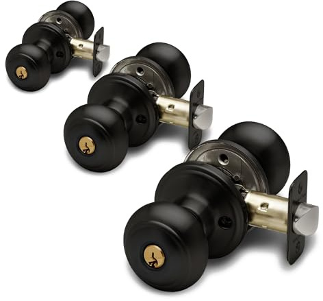 Copper Creek CK2040BC-3 Colonial, función de entrada con llave, paquete de 3 pomos de puerta, paquete de 3, negro, paquete de 3