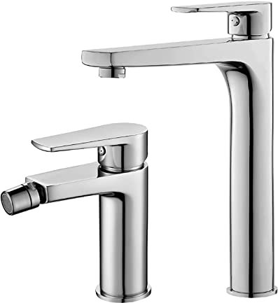 Set 2 rubinetti miscelatori lavabo alto e bidet completo di piletta, in ottone cromato, serie Erika (Set lavabo alto e bidet)