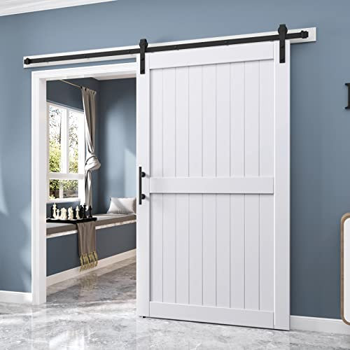EaseLife 48 x 84 inch White Barn Door with 8FT Sliding Door Hardware Kit Included & Handle,Solid Wood Covered with Waterproof PVC Surface,DIY Assemblely,Easy Install,H-Frame,Fit 44-46in Wide Opening