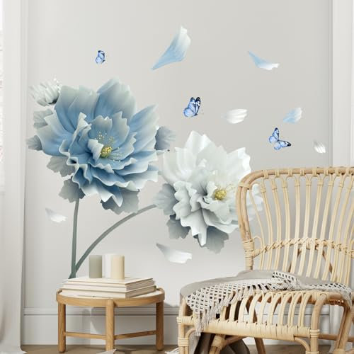 Tanlaby Blu Bianco Fiore Adesivi Murali Grande Loto Floreale Adesivi da Parete Fiore Farfalle Stickers Muro Removibili per Camera da Letto Soggiorno Divano TV Decorazione Parete