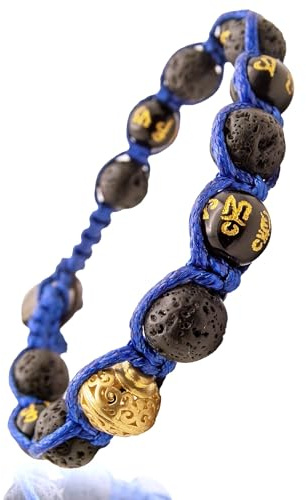 Samsara Buddhistiskt tibetanskt armband - shamballa med svart lavasten och Onyx med mantra – vaxad bomullstråd, 24 centimeters, Bomull Sten, Svart lava