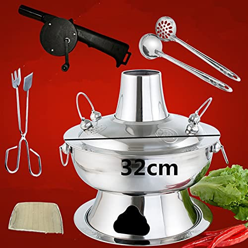 Olla eléctrica 2.8L Acero Inoxidable Pot Hot Fondue Chinese Lamb Charcoal Hotpot Outdoor Cocina Picnic Picnic Chafing Plato Charcoal Gold Hotpot (Color : Silver 32cm)