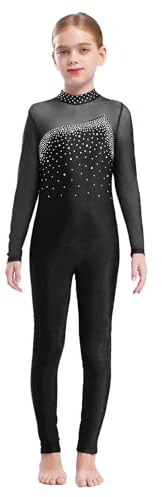 Msemis Barn flickor gymnastikdräkt långärmad sportbody helkropp gymnastikdräkt balettdräkt glitter tröja med ståkrage träningsoverall, svart, 158-164
