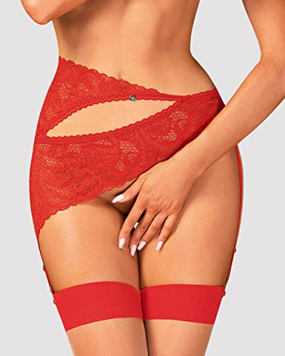 Obsessive - Strumpfgürtel Atenica I Dessous Für Frauen I Aus Spitze I Asymmetrischer Verschluss I Mit Cut-out Auf Der Vorderseite I Verstellbare Strumpfhalter I Rot - M-L