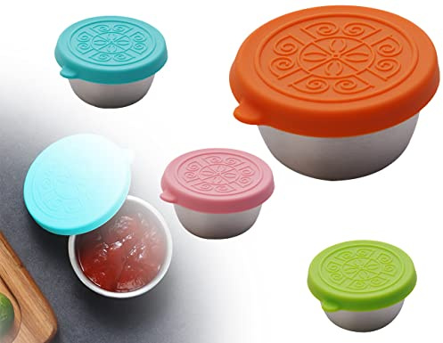 KAPSING 4 Stück Gefrierdosen Klein Dosen mit Deckel Plastik 50ml Edelstahl Behälter Frischhaltedosen mit Deckel Kleine Brotdose Bento box Zubehör für Dips und Gewürze(Vier Farben)