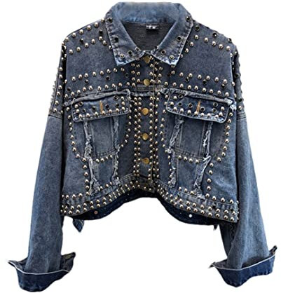 Hdhdeueh Damen-Jeansjacke mit Nieten, einreihig, lässig, kurze Jeansjacke, Mantel, denim-blau, S