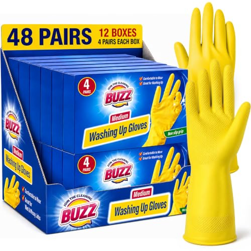 SOL 48 Pairs Washing Up Gloves - Medium Yellow Latex Kitchen Gloves | Multipack Latex Yellow Kitchen Gloves with Textured Grip, Heavy Duty for Washing Dishes, Medium, 48 Pairs