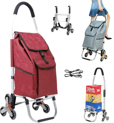 Aluminium Einkaufstrolley Treppensteiger, 2in1 Einkaufstrolley klappbar abnehmbare Tasche 6 Rollen Treppensteiger Einkaufswagen Einkaufshilfe Trolley, Max. Belastbarkeit 50kg,Wasserdicht (Red)