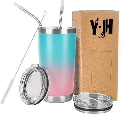 Y·J&H resebehållare med dubbla väggar, vakuumisolerad kaffemugg i rostfritt stål med 2 stänksäkra lock, 2 sugrör och gratis rengöringsborste, BPA-fri