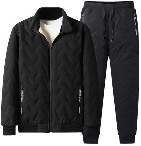 Jamron Uomo Inverno Caldo Tuta da Ginnastica Trapuntata Foderata in Pile Giacca e Pantaloni della Tuta con Tasche con Zip Nero S