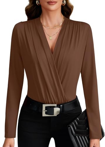 LYANER Women's Wraped V Neck Ruched Long Sleeve Leotard Bodysuit Top Deep Brown# Small